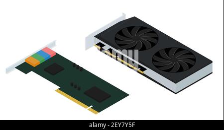 Isometric flat video graphics and sound cards. Computer parts for cryptocurrency mining. Vector illustration isolated on white. Stock Vector