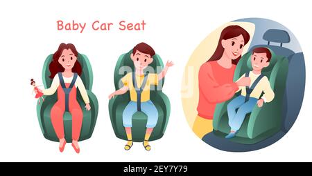 Baby auto car seat set, safe road transportation for child, boy and girl sitting in chair Stock Vector