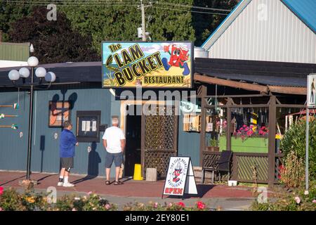 Port Alberni, Canada - August 17,2020: People are lining up to enter The Clam Bucket Restaurant in downtown Stock Photo