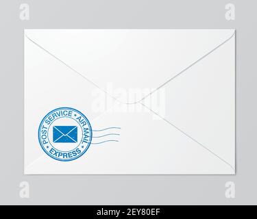 White mail envelope with a blue postal service stamp lying on the grey surface. Folded post envelope vector mockup. Stock Vector