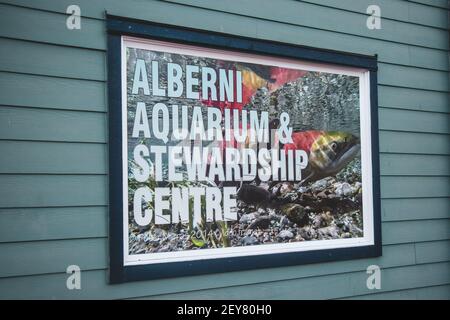 Port Alberni, Canada - September 24, 2020: Close up View of sign Alberni Aquarium and Stewardship Centre in Port Alberni Stock Photo