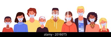 Different people in medical masks, portraits set, man woman wear mask to protect health Stock Vector