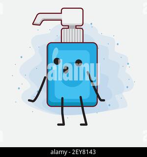 Vector Illustration of Hand Sanitizer Character with cute face, simple hands and leg line art on Isolated Background. Flat cartoon doodle style. Stock Vector