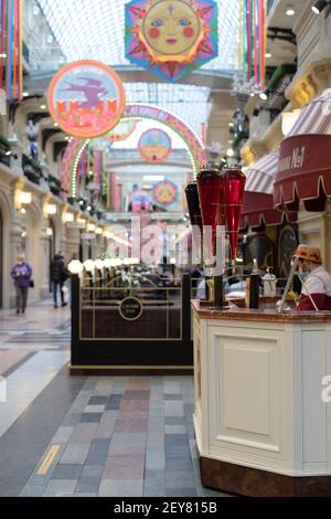 Moscow, Russia 03.03.2021. GUM store on Red Square decoration for spring holidays. Russian holiday of seeing off winter Maslenitsa. Stock Photo