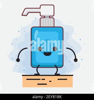 Vector Illustration of Hand Sanitizer Character with cute face, simple hands and leg line art on Isolated Background. Flat cartoon doodle style. Stock Vector