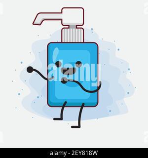 Vector Illustration of Hand Sanitizer Character with cute face, simple hands and leg line art on Isolated Background. Flat cartoon doodle style. Stock Vector