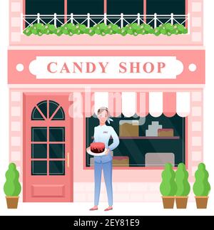 Candy shop, woman seller holding chocolate cake, sstanding at entrance to pastry shop Stock Vector