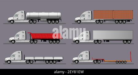 A set of images of a modern American truck with different variants of semi-trailers. Flat style line art illustration. Side view. Stock Vector