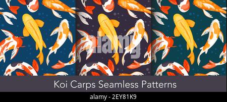 Koi carp fishes seamless set, asian underwater aquatic colorful animals swim in pond Stock Vector