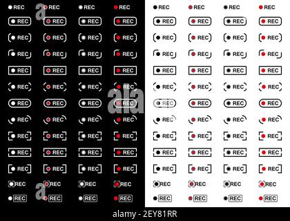 Recording icons. Recording buttons in the viewfinder of a smartphone or camera, video screen indicator. Video application REC ui icon set vector chara Stock Vector