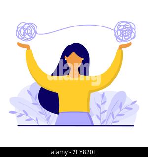 Woman with tangled thread above. Mental health and psychological problems concept. Flat style vector illustration. Stock Vector