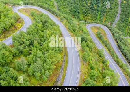 Hairpin curves in valley Hjelledalen east of Stryn, Norway. Stock Photo