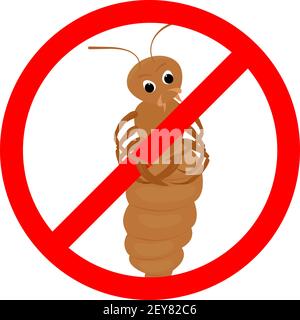 Cartoon louse in red circle sign isolated on white background. Vector parasitic insect illustration. Stock Vector