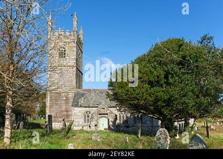 The landmark 15th century country church of St Laudus in Cornwall, part of the Parish of Mabe. Stock Photo