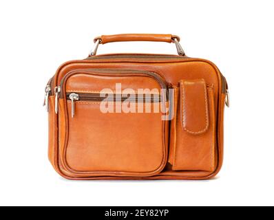 Men's vintage bag in brown color in retro style isolated on a white background. Stock Photo