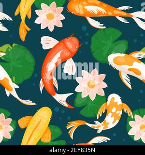 Koi carp fishes swim in blue water with lotus lily flowers, seamless japanese pattern Stock Vector