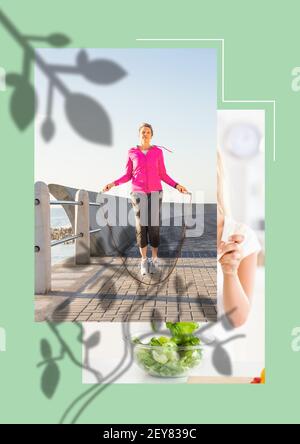Illustration of two photos of woman with skipping rope and healthy eating on green background Stock Photo