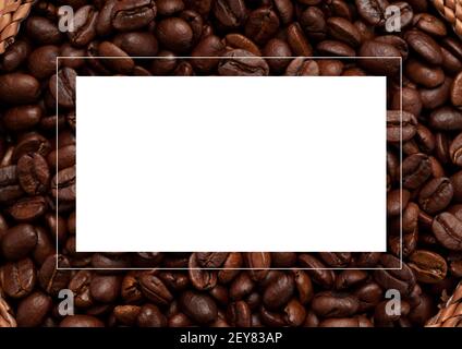 Illustration with blank white rectangle and photo of coffee beans in background Stock Photo