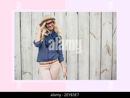 Composition of photo with caucasian woman smiling in pink and light pink frame Stock Photo