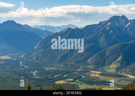 Overlooking Vermilion Lakes and surrounding Canadian Rocky Mountains in summer time. Banff National Park beautiful landscape. Alberta, Canada. Stock Photo