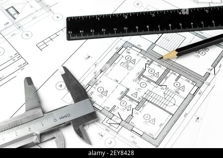Architecture Construction Drawings. Part of architectural project with engineering tools Stock Photo