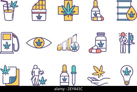 Cannabis consumption RGB color icons set Stock Vector