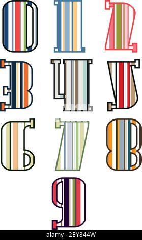 Striped colorful numbers isolated on white background. Elements for kids cards or alphabets in vintage or retro style. One, two, three, four, five, si Stock Vector