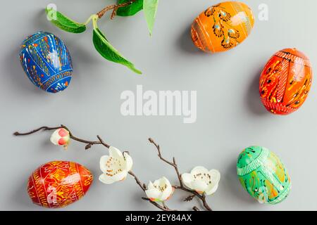 Easter background. Frame made of painted eggs. Stock Photo