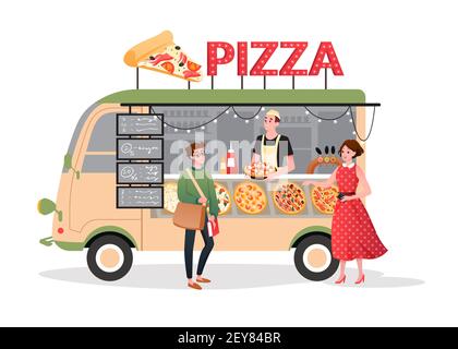 Pizza street market food truck, mini pizzeria restaurant mobile shop in van bus foodtruck Stock Vector