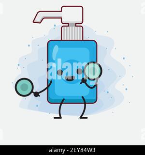 Vector Illustration of Hand Sanitizer Character with cute face, simple hands and leg line art on Isolated Background. Flat cartoon doodle style. Stock Vector