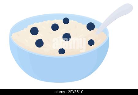 Oatmeal with blueberry vector illustration isolated on white background. Breakfast bowl, cup of oat grain porridge. Food icon. Cartoon muesli, flakes Stock Vector