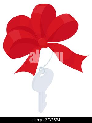 Key with red bow isometric Icon sign. Vector gift Illustration isolated on white. Stock Vector