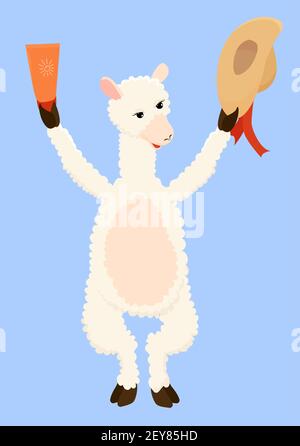 Cartoon cute white llama holds sunscreen and straw hat. Summer vacation concept, vector illustration isolated on blue background. Stock Vector