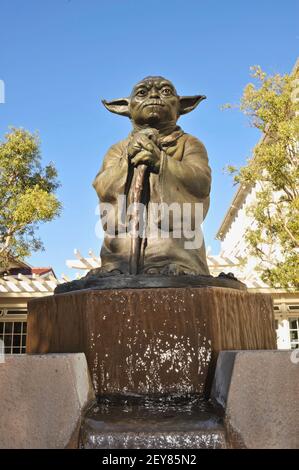 Yoda statue and fountain outside offices of Industrial Light & Magic, Yoda is Star Wars character and Jedi, San Francisco, CA, USA Stock Photo