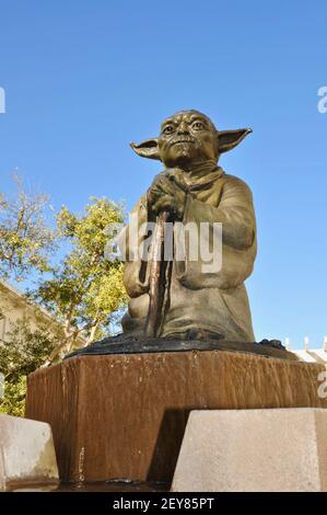 Yoda statue and fountain outside offices of Industrial Light & Magic, Yoda is Star Wars character and Jedi, San Francisco, CA, USA Stock Photo