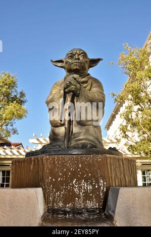 Yoda statue and fountain outside offices of Industrial Light & Magic, Yoda is Star Wars character and Jedi, San Francisco, CA, USA Stock Photo