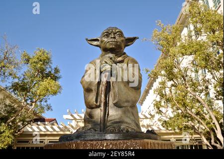 Yoda statue and fountain outside offices of Industrial Light & Magic, Yoda is Star Wars character and Jedi, San Francisco, CA, USA Stock Photo