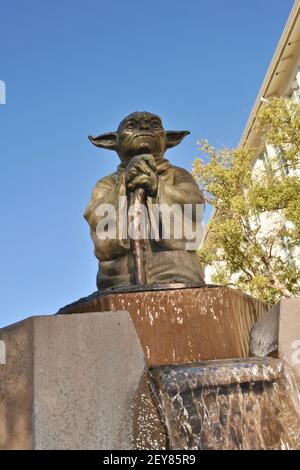 Yoda statue and fountain outside offices of Industrial Light & Magic, Yoda is Star Wars character and Jedi, San Francisco, CA, USA Stock Photo