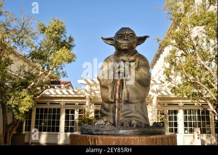 Yoda statue and fountain outside offices of Industrial Light & Magic, Yoda is Star Wars character and Jedi, San Francisco, CA, USA Stock Photo