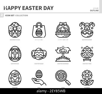 happy easter day icon set,outline style,vector and illustration Stock Vector