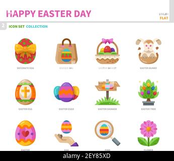 happy easter day icon set,color flat style,vector and illustration Stock Vector