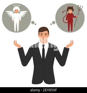 vector illustration of a cartoon devil and angel, good and bad choice, wings, horns and halo Stock Vector