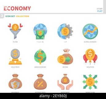 economy icon set,color flat style,vector and illustration Stock Vector