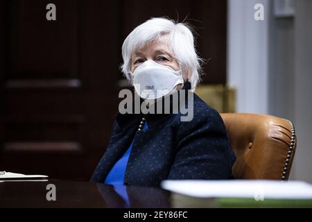 Washington, United States. 05th Mar, 2021. Treasury Secretary Janet Yellen, speaks durign an economic briefings with President Joe Biden and Vice President Kamala Harris in the Roosevelt Room of the White House, on Friday, March 5, 2021. Pool Photo by Al Drago/UPI Credit: UPI/Alamy Live News Stock Photo