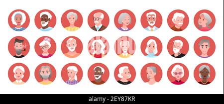 Elderly people round portrait avatar set, happy old senior man woman smiling collection Stock Vector