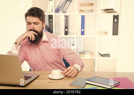Practical blog for practical people. Serious blogger use laptop for blogging. Blog post. Informational website. Social networking service. Business communication. Stock Photo