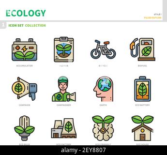 ecology and environment icon set,filled outline style,vector and illustration Stock Vector