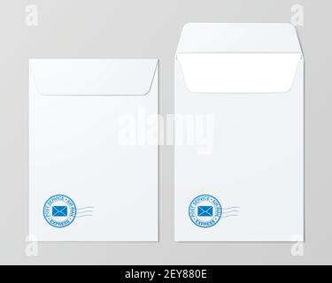 Set of white mail folders with a blue postal stamp lying on the grey surface. Folded and unfolded postage envelope vector mockup. Stock Vector