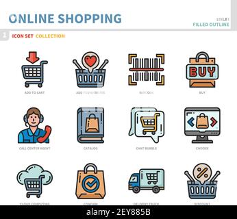 online shopping and e-commerce icon set,filled outline style,vector and illustration Stock Vector