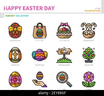 happy easter day icon set,filled outline style,vector and illustration Stock Vector